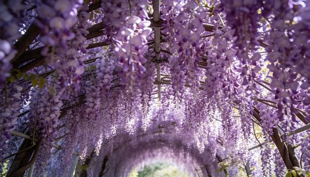 Wisteria tunnel blooming over wooden pergola casting dappled light along shaded garden path