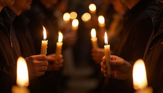 Holding Taper Candles During Candlelight Vigil Gathering Showing Unity, Remembrance, Quiet Reflectio