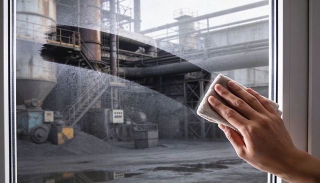 Wiping dusty factory window revealing clear arc over industrial plant landscape