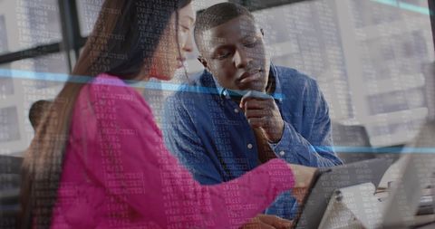 Diverse Professionals Analyzing Financial Data Overlay Digital Screens