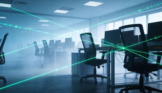 Empty open-plan office glowing with cyan data beams and haze, ergonomic desks and monitors