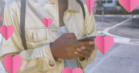 Young Woman Texting On Smartphone with Heart Icons Overlay