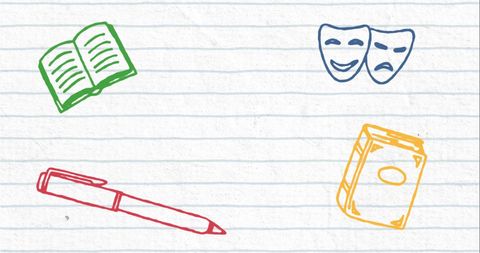 Colorful doodled education and arts icons on lined background