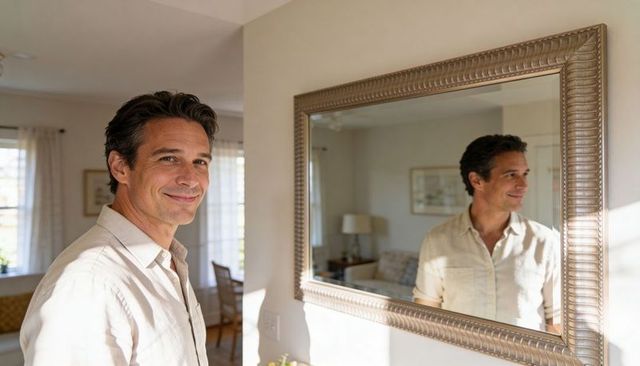 Mature man straightening light linen shirt while looking at mirror in sunny living room