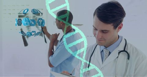 Male Doctors Analyzing Medical Data with DNA and Icons Overlay