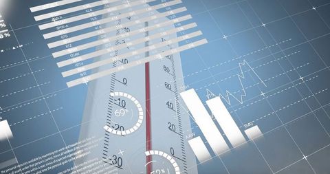Digital dashboard displaying vertical gauge 69% dial with white bar chart holographic grid