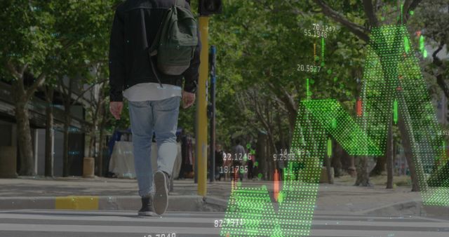 Man Walking on Urban Crosswalk with Stock Market Overlay - Download Free Stock Images Pikwizard.com