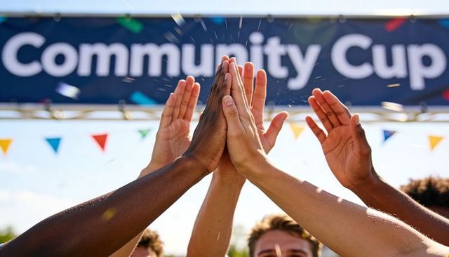 Celebrating team high-five under community cup banner with confetti and colorful flags