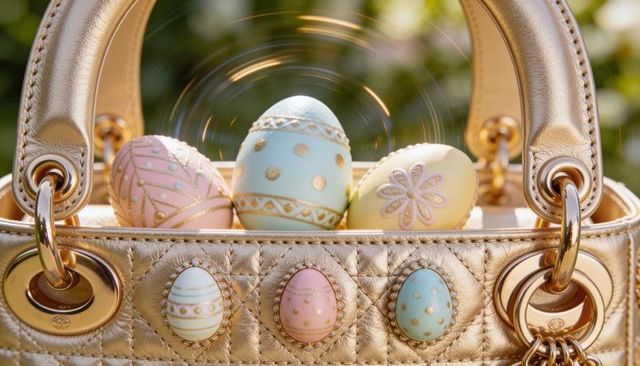 Gold quilted luxury handbag holding pastel easter eggs with decorative grommets and bokeh