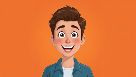 Youthful cartoon teen boy grinning on orange background