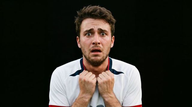 Male athlete clutching jersey showing anxious expression and tense anticipation closeup