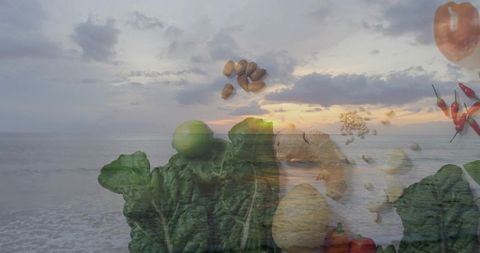 Double-exposure sunset ocean blending fresh produce, leafy greens, almonds and chilies