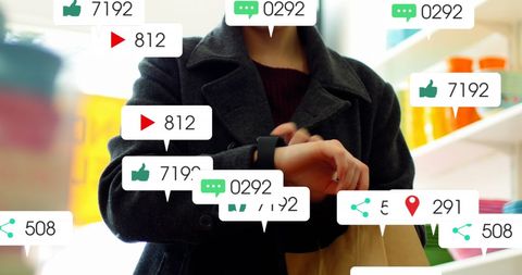 Caucasian Woman Engaging Social Media Alerts on Smartwatch in Grocery