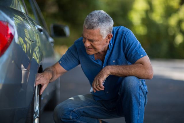 Senior man kneeling and inspecting car wheel outdoors. Ideal for content related to vehicle maintenance, safety checks, automotive care, elderly independence, and travel. Useful for articles, blogs, and advertisements focusing on car safety, senior drivers, and road trip preparations.