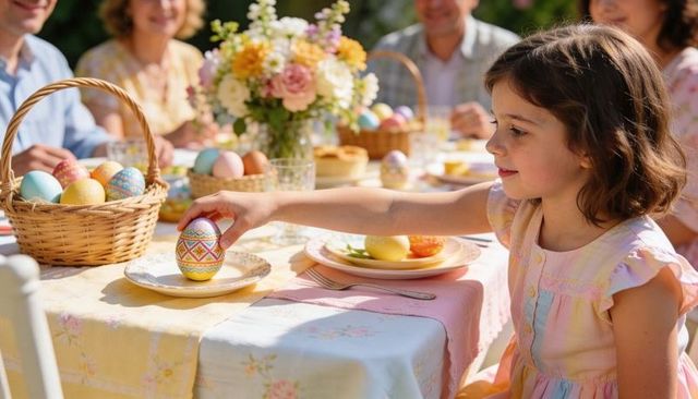 Young girl reaching for hand-painted easter egg at pastel outdoor family brunch table