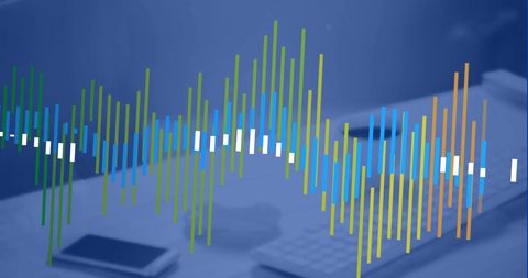 Digital data visualization on office desk background