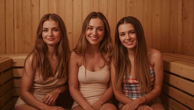 Three friends smiling, relaxing and enjoying sauna on wooden bench, cozy spa wellness