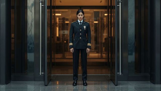 Standing female guard wearing formal uniform and medals at modern glass lobby