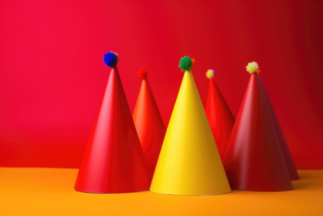 Five colorful party hats with pom-poms, mainly red and one yellow, are showcased on a gradient red and orange backdrop. Ideal for birthday party invitations, celebration posters, kids' party planners, and festive holiday advertising.