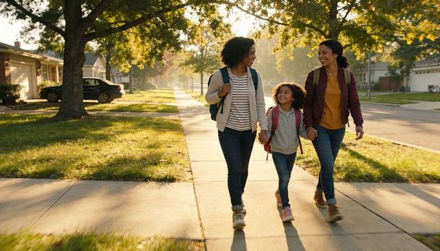Happy family walking to school holding hands on suburban sidewalk in golden morning light