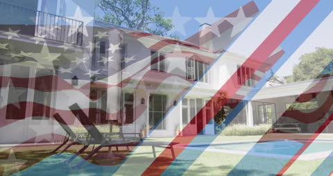 Patriotic Overlay of American Flag on Modern Suburban House