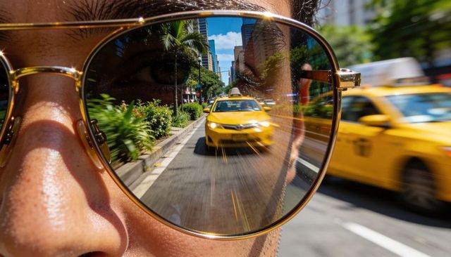 Closeup Man Wearing Gold Aviator Sunglasses Reflecting Speeding Yellow Taxi on Urban Avenue