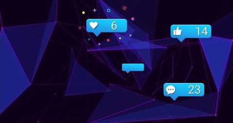Social media notification bubbles floating over neon polygon network for digital marketing