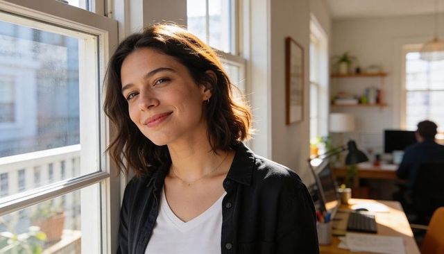 Sunlit professional woman smiling by office window with coworking workstation, natural light