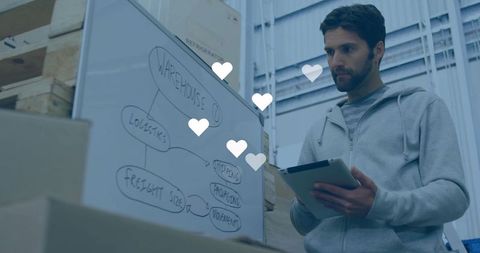 Logistics manager analyzing workflow diagram in warehouse setting