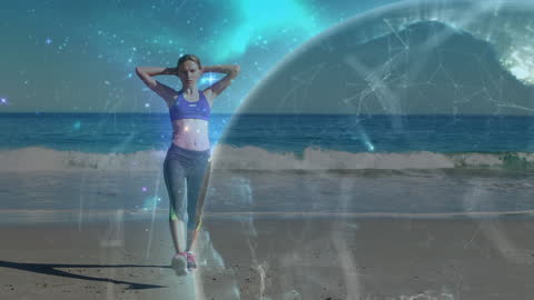 Woman Exercising on Beach with Digital Overlay
