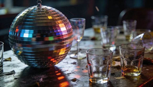 Mirrored disco ball casting colorful reflections across messy bar table with glasses