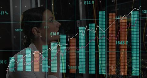 IT engineer analyzing server performance with overlaid financial charts in data center