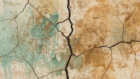 Weathered plaster wall with deep earthquake cracks and stains