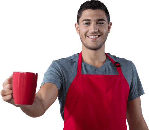 Smiling Waiter Presenting Red Coffee Mug on Transparent Background - Download Free Stock Videos Pikwizard.com