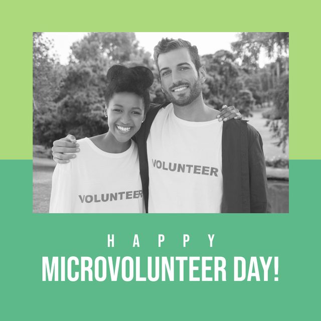 Diverse friends celebrating Microvolunteer Day while hugging and smiling, wearing volunteer t-shirts. This image is ideal for promoting community events, volunteer opportunities, and social campaigns. It emphasizes diversity, camaraderie, and the spirit of volunteering.