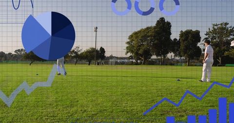 Cricket players on grass with blue data overlay, performance charts and analytics