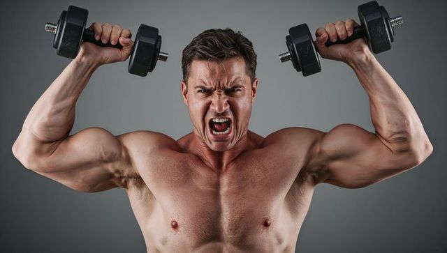 Shirtless male athlete lifting dumbbells overhead straining during intense shoulder press