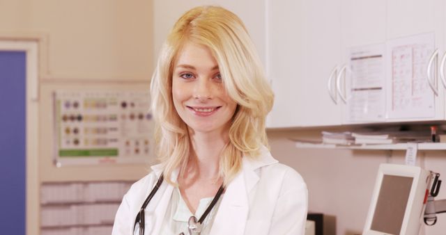 Smiling blonde female doctor in white coat inside hospital office - Download Free Stock Images Pikwizard.com