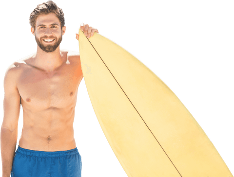 Smiling man holding surfboard on transparent background