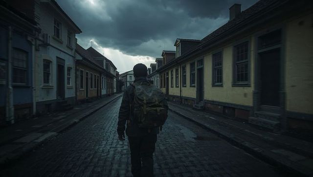 Walking lone traveler on wet cobblestone street under stormy sky in quiet historic town