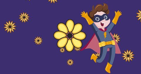 Joyful Boy in Superhero Costume with Flowers on Vibrant Background - Download Free Stock Images Pikwizard.com