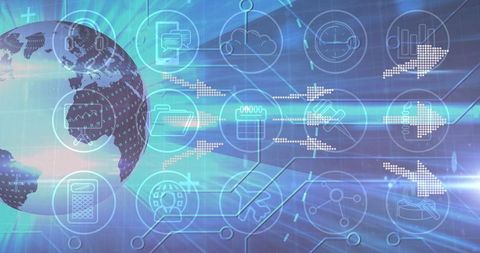 Futuristic Data Network and Digital Globe with Technology Icons