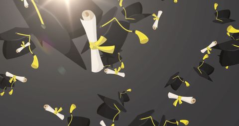 Floating graduation caps and diplomas: celebration and success