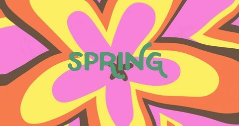 Retro psychedelic floral background with bold pink yellow flower and spring typography
