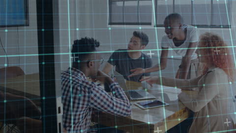 Diverse Team Collaborating with Digital Grid Overlay