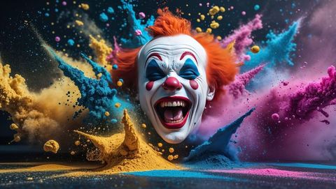 Surreal floating clown head with crazy vibrant powder explosions