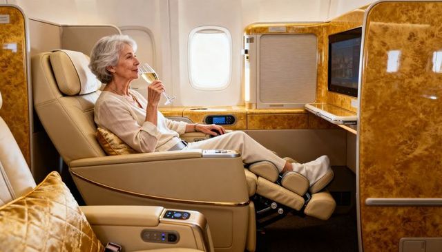 Senior woman reclining in first class cabin enjoying champagne