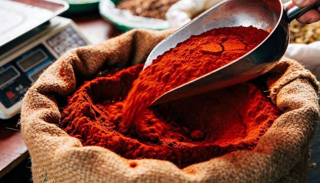 Vibrant paprika pouring with metal scoop into burlap sack at spice market counter