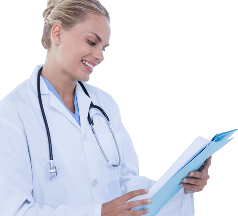 Smiling Female Doctor Reading Medical Report Transparent Background - Download Free Stock Videos Pikwizard.com