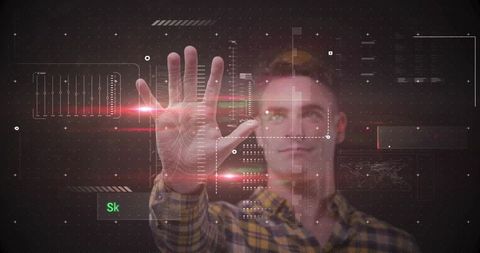 Man Engaging with Futuristic Holographic Interface in Technology Lab